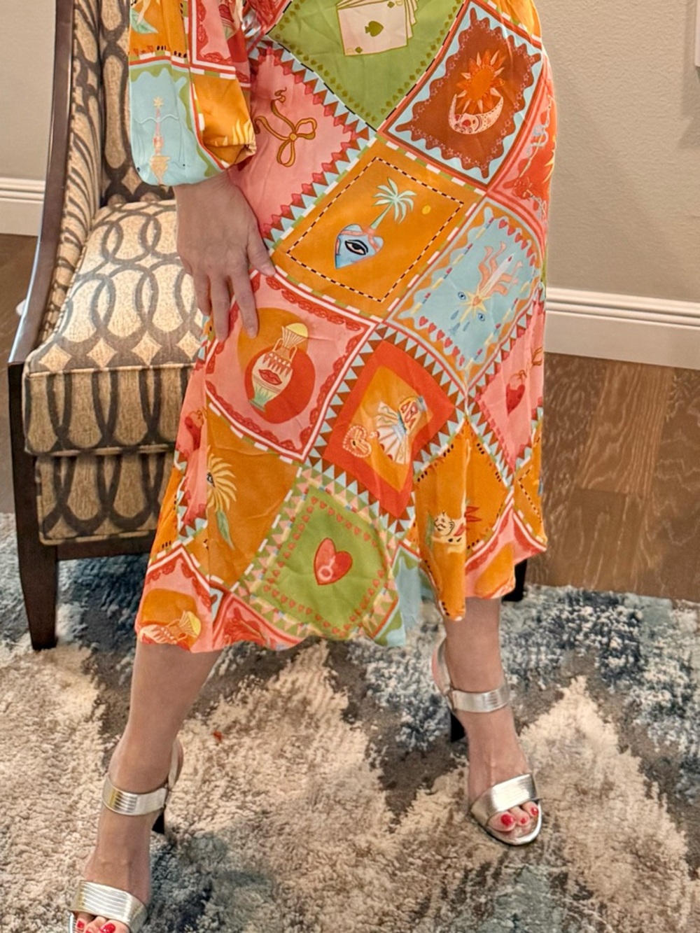 Never Fully Dressed Orange Multi Patchwork Midi Dress - Picture 4 of 14